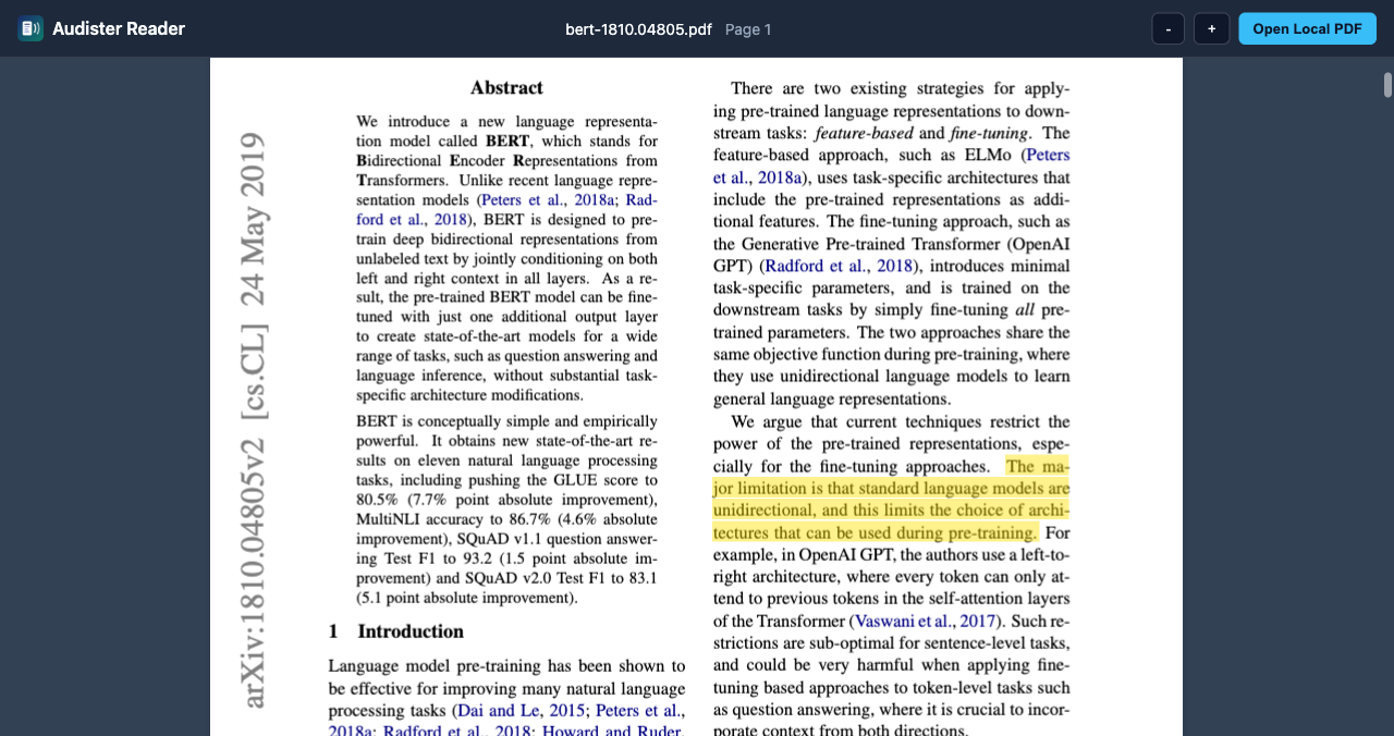 A PDF open in the Audister reader with a sentence highlighted and the playback bar visible.