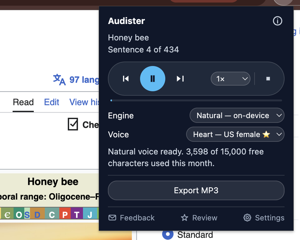 The Audister popup showing transport controls and the speed, engine and voice pickers.