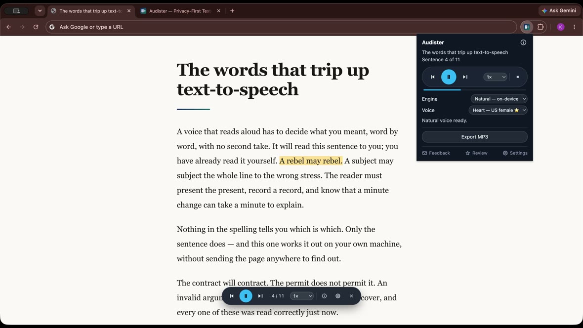 Audister reading an article aloud: the sentence &ldquo;A rebel may rebel.&rdquo; is highlighted in the page while the extension popup shows the Natural on-device engine and the Heart voice.